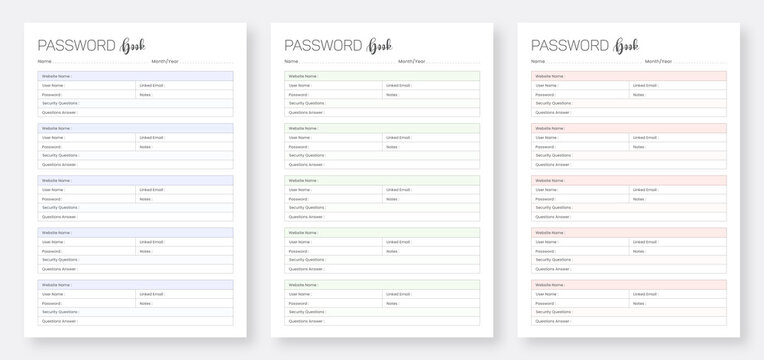 Password Logbook Tracker. Set of Password Book Journal. Password Tracker Template. Printable Password Log Book A4 Size Easily Editable. Password Log Book KDP Interior.