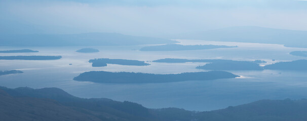 Loch Lomond islands at dawn, seen from Ben Lomond in the Trossachs National Park, Scottish Highlands, Scotland, United Kingdom, Europe