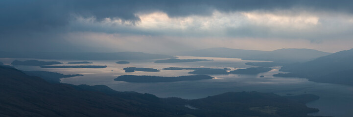 Loch Lomond islands at dawn, seen from Ben Lomond in the Trossachs National Park, Scottish Highlands, Scotland, United Kingdom, Europe