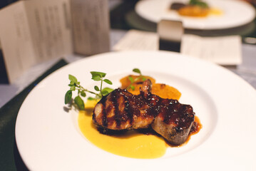 Grilled Pork with vegetables, pumpkin sauce