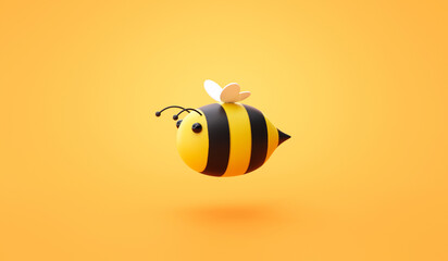 Cute honey bee 3d cartoon character design of sweet nature happy honeybee organic animal food product icon or flying creative art bumblebee symbol and wasp bug mascot concept on yellow background. - obrazy, fototapety, plakaty