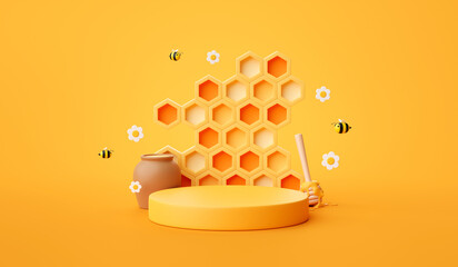 Honeycomb background product podium display 3d stand of natural honey bee pedestal template mockup or healthy nature stage platform backdrop and organic summer beauty beehive yellow scene showcase. - obrazy, fototapety, plakaty