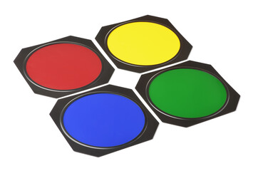 Four metal framed lighting color gel filters