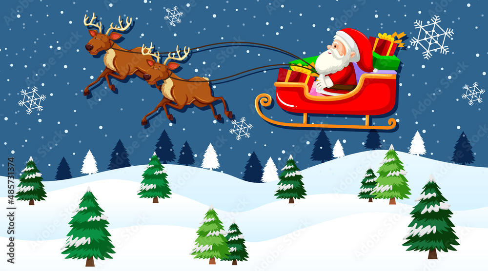 Wall mural Santa Claus on sleigh with reindeer flying in the sky at night