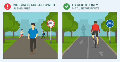 Traffic or road rules. No bikes are allowed and cyclists only may use the route sign. Front view of a pedestrians and back view of cycling bike rider.  Flat vector illustration template. - obrazy, fototapety, plakaty