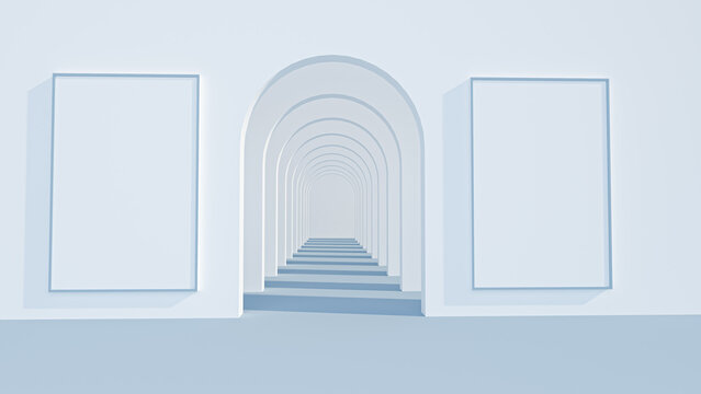 Ilustraci&oacute;n 3D, render de arcos y marcos de cuadros en  blanco y gris, arquitectura 