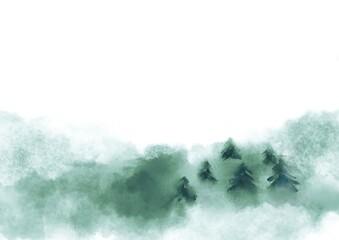 濃い霧の森　手描き背景イラスト
