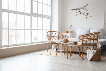Interior of modern bedroom decorated for Easter celebration