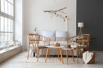 Interior of modern bedroom decorated for Easter celebration