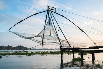 Naklejka premium Traditional Chinese fishing nets at dawn, Fort Kochi (Cochin), Kerala, India