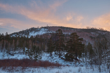 beautiful winter sunset amid mountains
