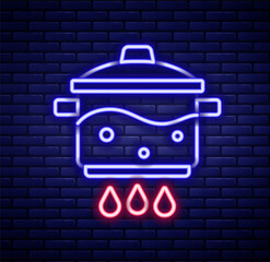 Glowing neon line Cooking pot on fire icon isolated on brick wall background. Boil or stew food symbol. Colorful outline concept. Vector