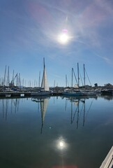 Fototapeta na wymiar preveza city new port yatches boats ships in lbue sea and sunny winter day in greece