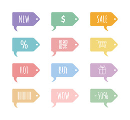 Price tags set. Discount labels with various quotes. Vector illustration in flat style. Colorful sale stickers.