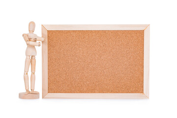 Isolated of wooden figure doll standing with cork board - leader with confident concept