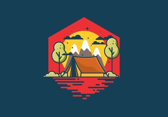 Camping with tent flat illustration