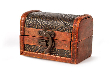 An antique wooden casket on a white background.