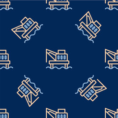 Line Oil platform in the sea icon isolated seamless pattern on blue background. Drilling rig at sea. Oil platform, gas fuel, industry offshore. Vector