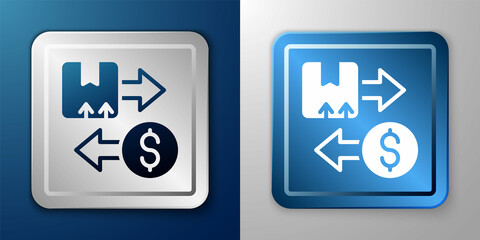 White Tax carton cardboard box icon isolated on blue and grey background. Box, package, parcel sign. Delivery and packaging. Silver and blue square button. Vector