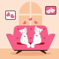 illustration of a room with a sofa. Interior for Valentine's Day. Cute white kitties are sitting on a chair. Sofa, armchair, picture. Vector illustration in a flat style.