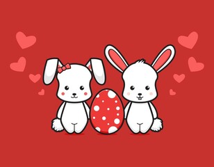 Cute couple rabbit with egg lovely cartoon vector icon illustration