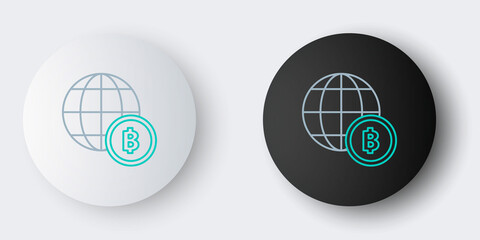 Fototapeta premium Line Globe and cryptocurrency coin Bitcoin icon isolated on grey background. Physical bit coin. Blockchain based secure crypto currency. Colorful outline concept. Vector