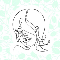 International Women's Day minimal design line drawing style. Portrait of young woman beauty face isolated on pastel leaf background. Vector for Spa, fashion, hairdressing and beautiful artwork design.