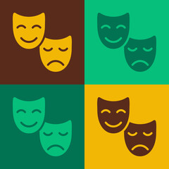 Pop art Comedy and tragedy theatrical masks icon isolated on color background. Vector