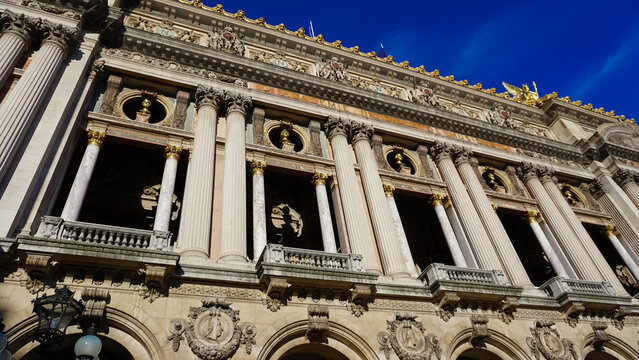 Architectural details of Opera National de Paris. Grand Operais famous neo-baroque building in Paris, France - UNESCO World Heritage Site.