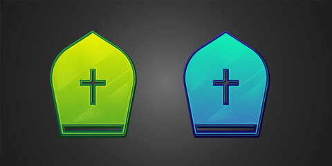 Green and blue Pope hat icon isolated on black background. Christian hat sign. Vector