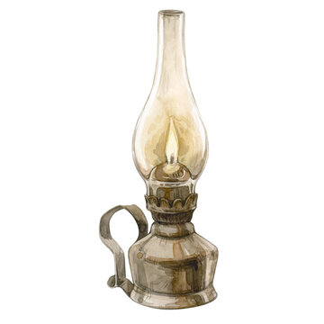 recommend clip art: Watercolor illustration of vintage kerosene lamp isolated on white background.