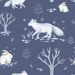 Seamless pattern with northern animals. Childish illustration of cute north pole animals. Watercolor illustration. For the design of holiday cards, fabric, print, poster, paper.