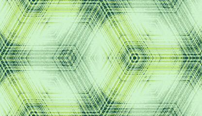 Seamless abstract geometric textured pattern in light green pastel colors. Symmetric hexagon concentric ornament for digital paper, textile printing, wallpaper background design.