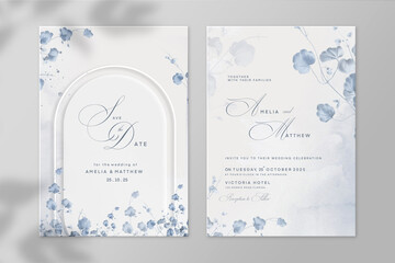 Geometric Wedding Invitation and Save the Date with Blue Flower
