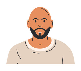 Bald Young Man with Beard in T-Shirt. Stylish Bald Bearded Male Character in Casual Clothes. Trendy Modern Man Standing Pose. Smiling Guy. Cartoon Flat Vector Illustration