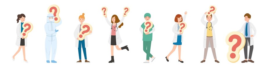8 paramedic man or woman doctor or laboratory staff composition, medical worker with question mark, cartoon vector