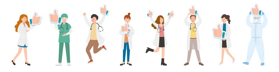 8 paramedic man or woman doctor or laboratory staff composition, medical worker with thumbs up symbol, ok sign, clenched fist and thumbs up, cartoon vector