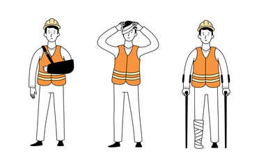 Worker with injury hand, bandage leg, head. Fall accident on work. Doodle line style character. Vector illustration.