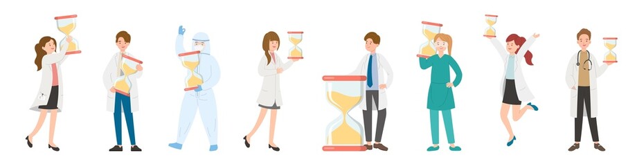 8 paramedic man or woman doctor or laboratory staff composition, medical worker with hourglass, countdown, cartoon vector