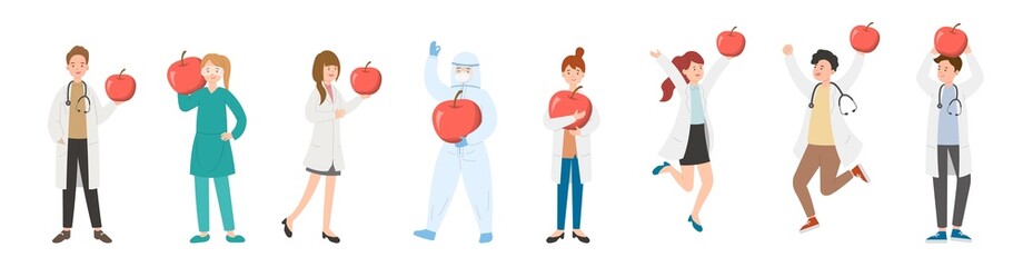 Set of 8 paramedic man or woman doctor or laboratory staff, medical worker with apple, fruit and farm products cartoon vector