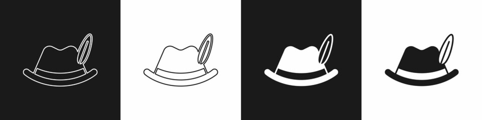 Set Oktoberfest hat icon isolated on black and white background. Hunter hat with feather. German hat. Vector - obrazy, fototapety, plakaty