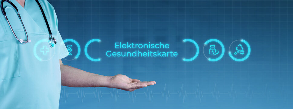 Elektronische Gesundheitskarte (eGK). Arzt streckt Hand aus. Interface mit Text und Icons. Medizin digital