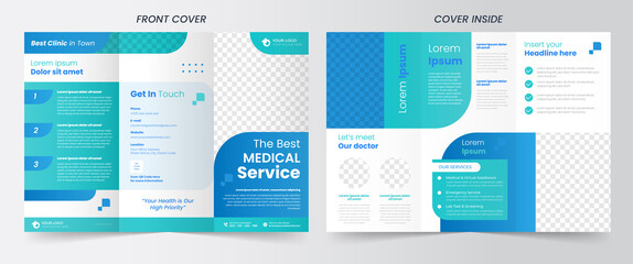 Healthcare and medical service brochure flyer trifold design usable for promotional ads with customizable photo background template