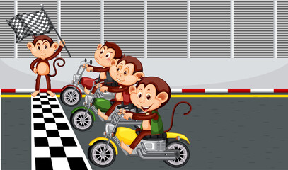 Race track scene with monkeys riding motorcycles