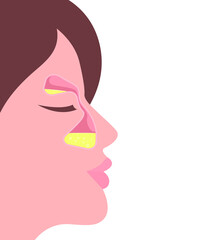 Maxillary and frontal sinuses on a woman's face in profile. Vector illustration, flat cartoon color design, isolated on white background, eps 10.