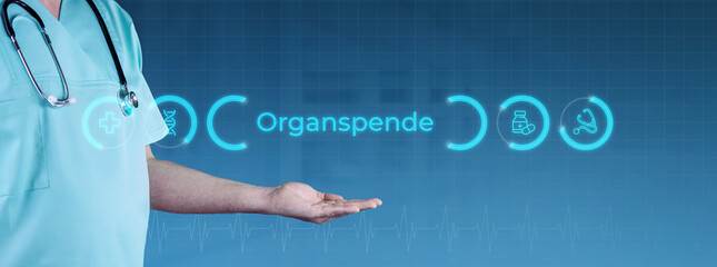 Organspende. Arzt streckt Hand aus. Interface mit Text und Icons. Medizin digital