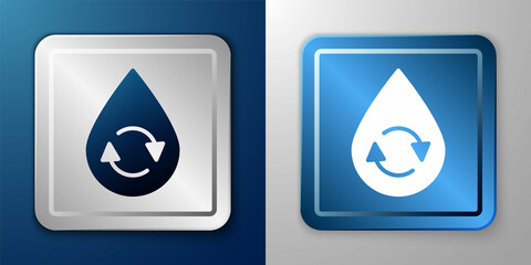 White Recycle clean aqua icon isolated on blue and grey background. Drop of water with sign recycling. Silver and blue square button. Vector