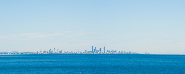 View Across the Ocean to the City Skyline of Surfers Paradise from Coolangatta Beach, Gold Coast,...