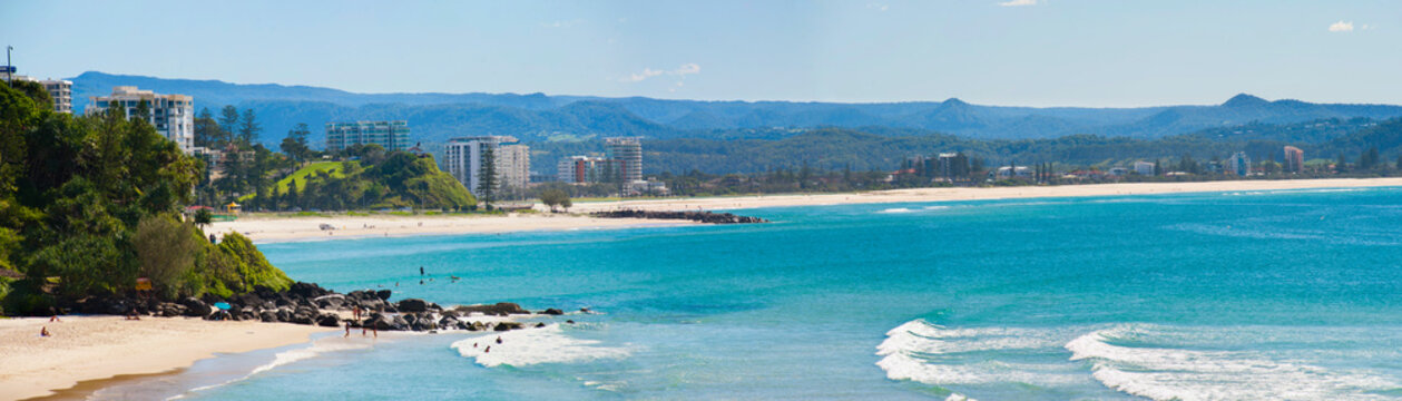 Panoramic photo of Coolangatta beach and Kirra beach from Snapper Rocks, Queensland, Gold Coast, Australia