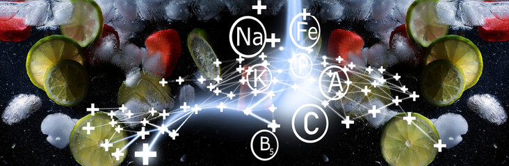 Water drops on ripe sweet fruits and berry. Fresh fruits background with copy space for your text. Vegan concept.